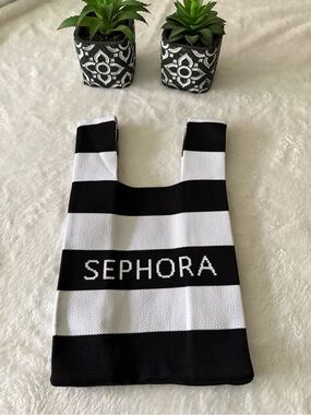 SEPHORA Limited Edition Knitted Black White Striped Mini Tote Bag
